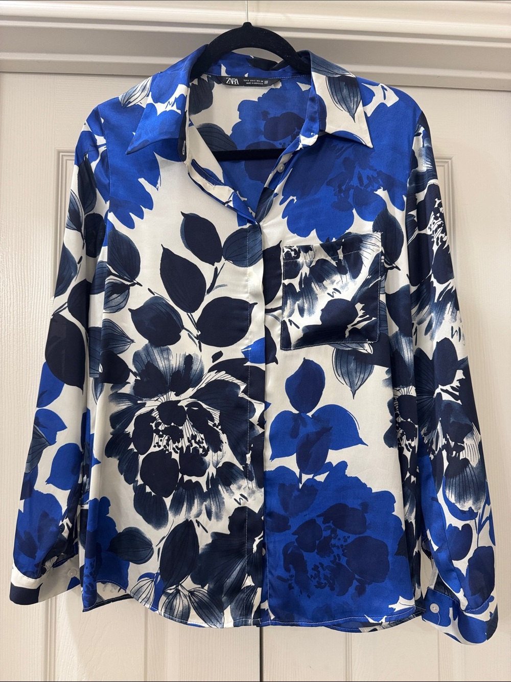 Zara Royal Blue & Navy Floral Satin Button-Down Shirt